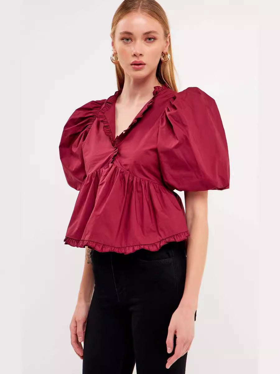 2024 New Summer Dress New Retro Western Style V-Neck Bubble Short Sleeve Shirt