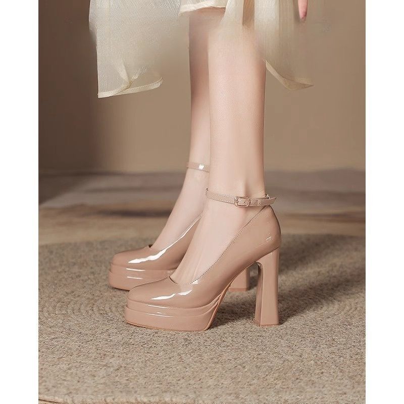 French-Style Mary Jane Thick-Soled Waterproof Platform Shoes for Petite Individuals, Black Single-Strap Ultra-High Heels, 2026 New Model, Patent Leather