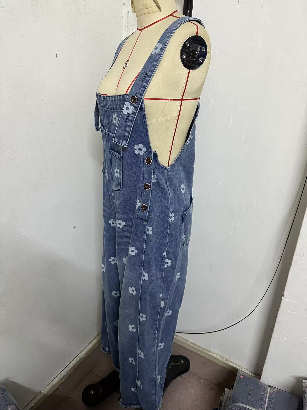 2026 New Foreign Trade Amazon Floral Print Wide-Leg Pants with Patchwork Loose Casual Retro Denim Overalls