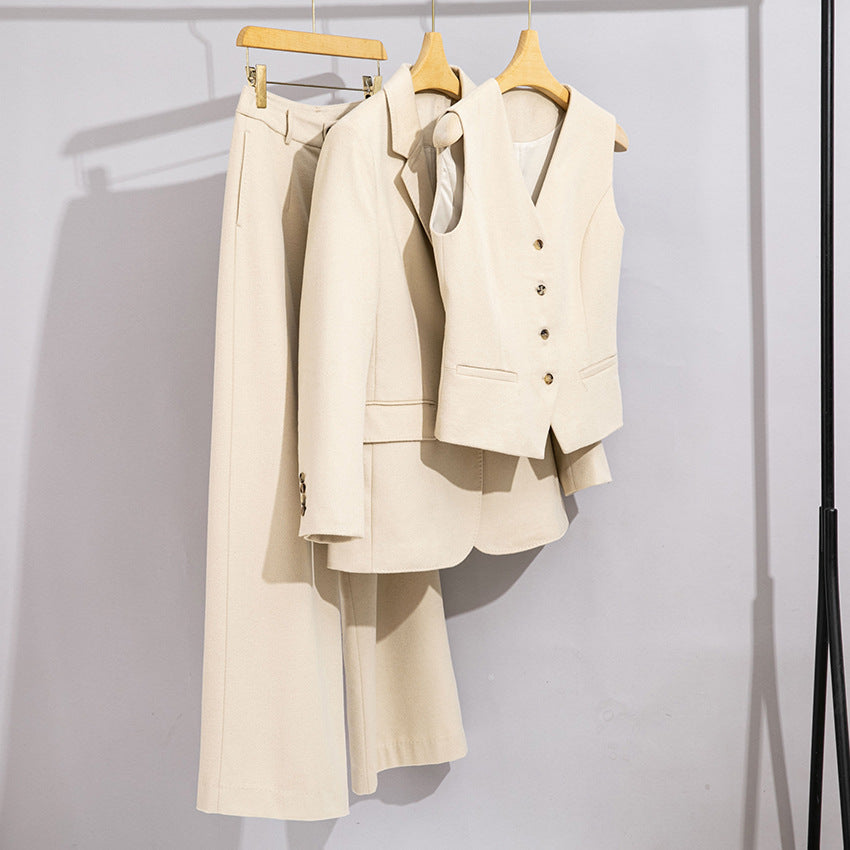 Wool Suit Set for Women, Three-Piece Autumn and Winter Formal Wear, Vest, Straight-Leg Wide-Leg Pants, Small Blazer, Elegant and Stylish
