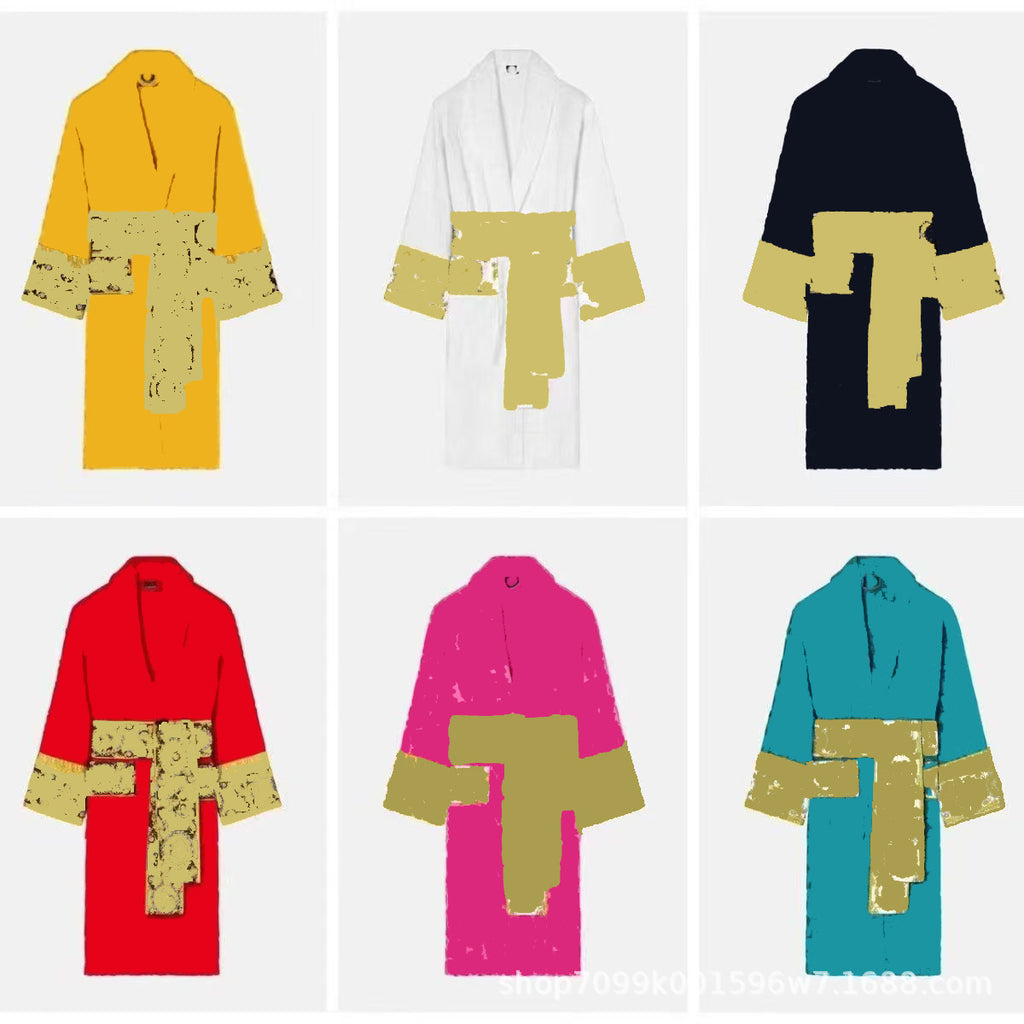 Cross-Border E-Commerce Pure Cotton Bathrobe Towel Material Unisex All-Season Lettered Bathrobe Van's Long-Style Couple's Bathrobe