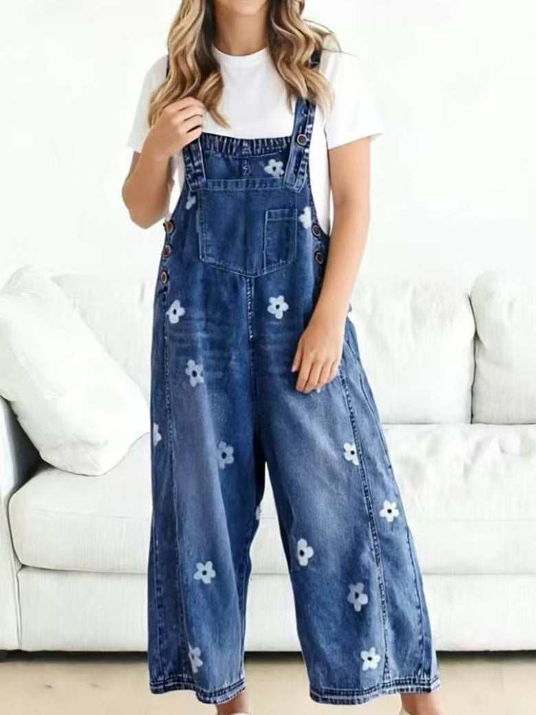 2026 New Foreign Trade Amazon Floral Print Wide-Leg Pants with Patchwork Loose Casual Retro Denim Overalls