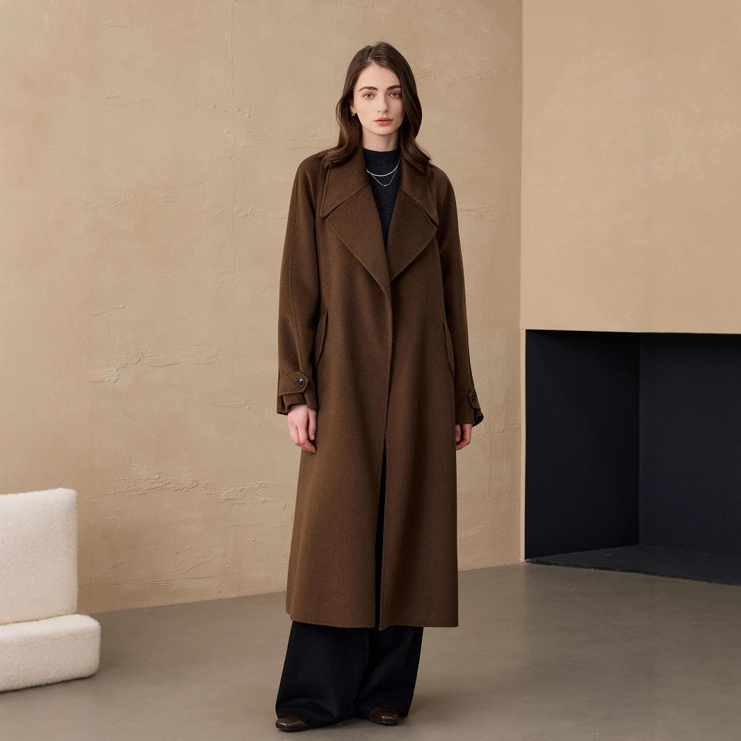 2025 Cashmere Long Coat Woolen Coat Coat Pure Cashmere Coat Double-sided Woolen Lace-up Commuter Coat for Women