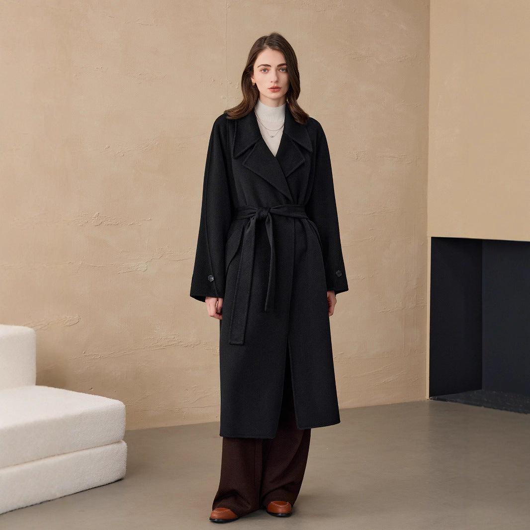 2025 Cashmere Long Coat Woolen Coat Coat Pure Cashmere Coat Double-sided Woolen Lace-up Commuter Coat for Women