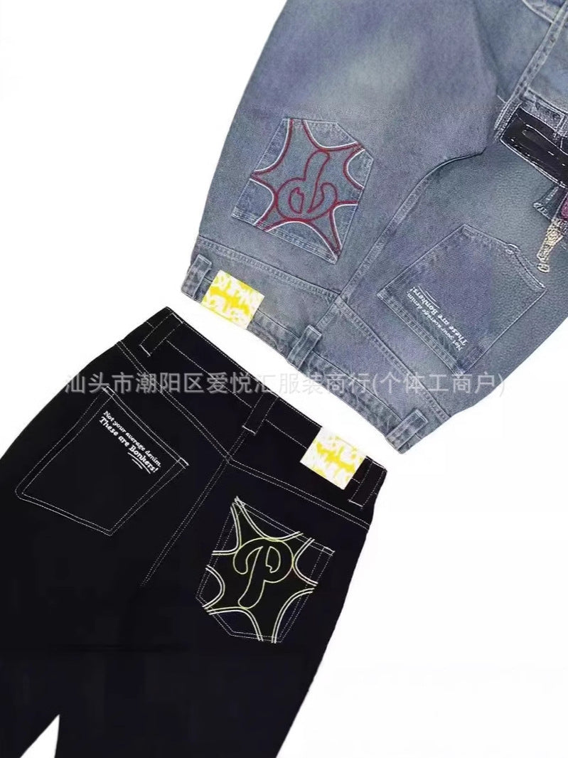 Personalized Retro American Style Street Casual All-Match Jeans for Men and Women Couple Hip-Hop Fashionable High Waist Wide-Leg Trousers