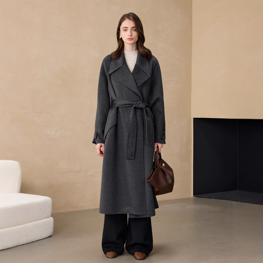 2025 Cashmere Long Coat Woolen Coat Coat Pure Cashmere Coat Double-sided Woolen Lace-up Commuter Coat for Women