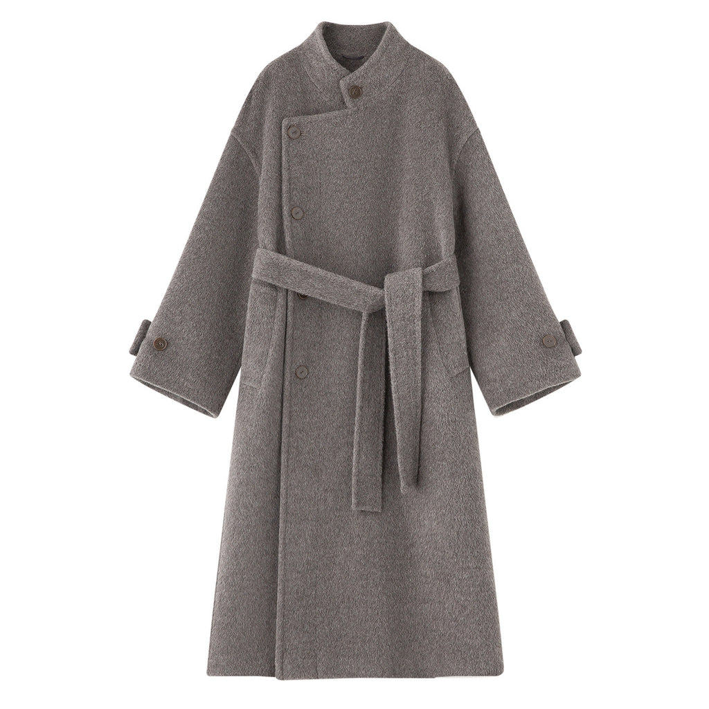 Lined, Thickened, Warm Autumn and Winter New Alpaca Wool Coat for Women with Partial Placket and Tie, Peruvian Alpaca Wool Coat