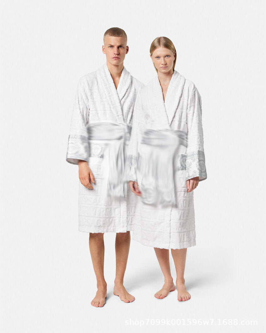 Cross-Border E-Commerce Pure Cotton Bathrobe Towel Material Unisex All-Season Lettered Bathrobe Van's Long-Style Couple's Bathrobe