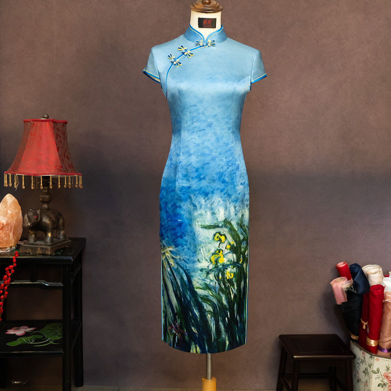 [Customized Pre-Sale] Original Design Silk Printed Fabric Cheongsam Van Gogh Painting Work Product Style Cheongsam Customization