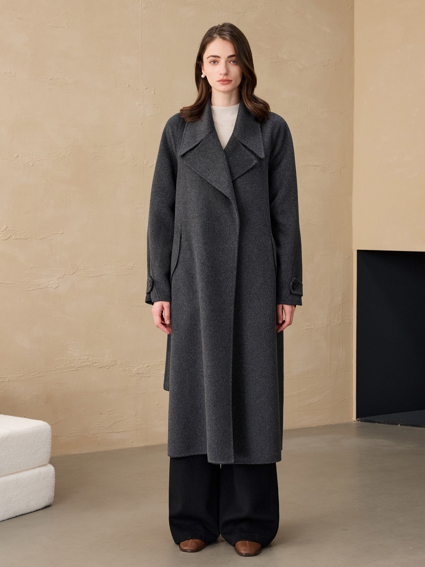 2025 Cashmere Long Coat Woolen Coat Coat Pure Cashmere Coat Double-sided Woolen Lace-up Commuter Coat for Women