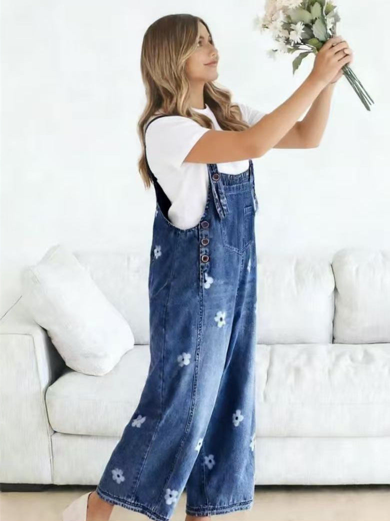 2026 New Foreign Trade Amazon Floral Print Wide-Leg Pants with Patchwork Loose Casual Retro Denim Overalls