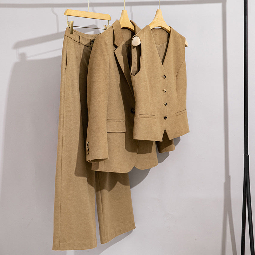 Wool Suit Set for Women, Three-Piece Autumn and Winter Formal Wear, Vest, Straight-Leg Wide-Leg Pants, Small Blazer, Elegant and Stylish