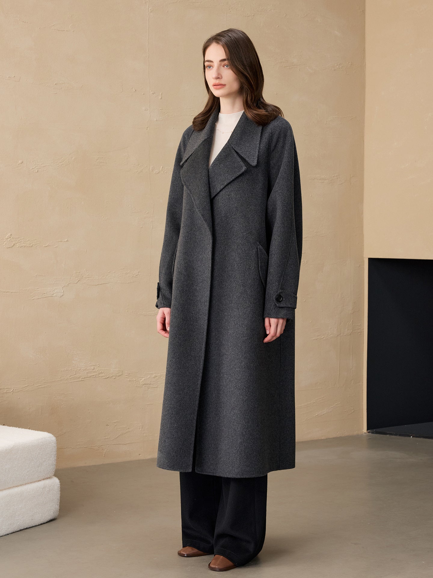 2025 Cashmere Long Coat Woolen Coat Coat Pure Cashmere Coat Double-sided Woolen Lace-up Commuter Coat for Women