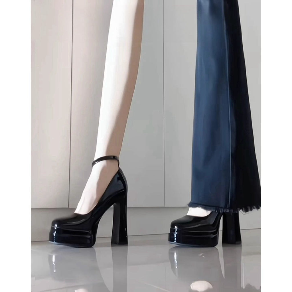 French-Style Mary Jane Thick-Soled Waterproof Platform Shoes for Petite Individuals, Black Single-Strap Ultra-High Heels, 2026 New Model, Patent Leather