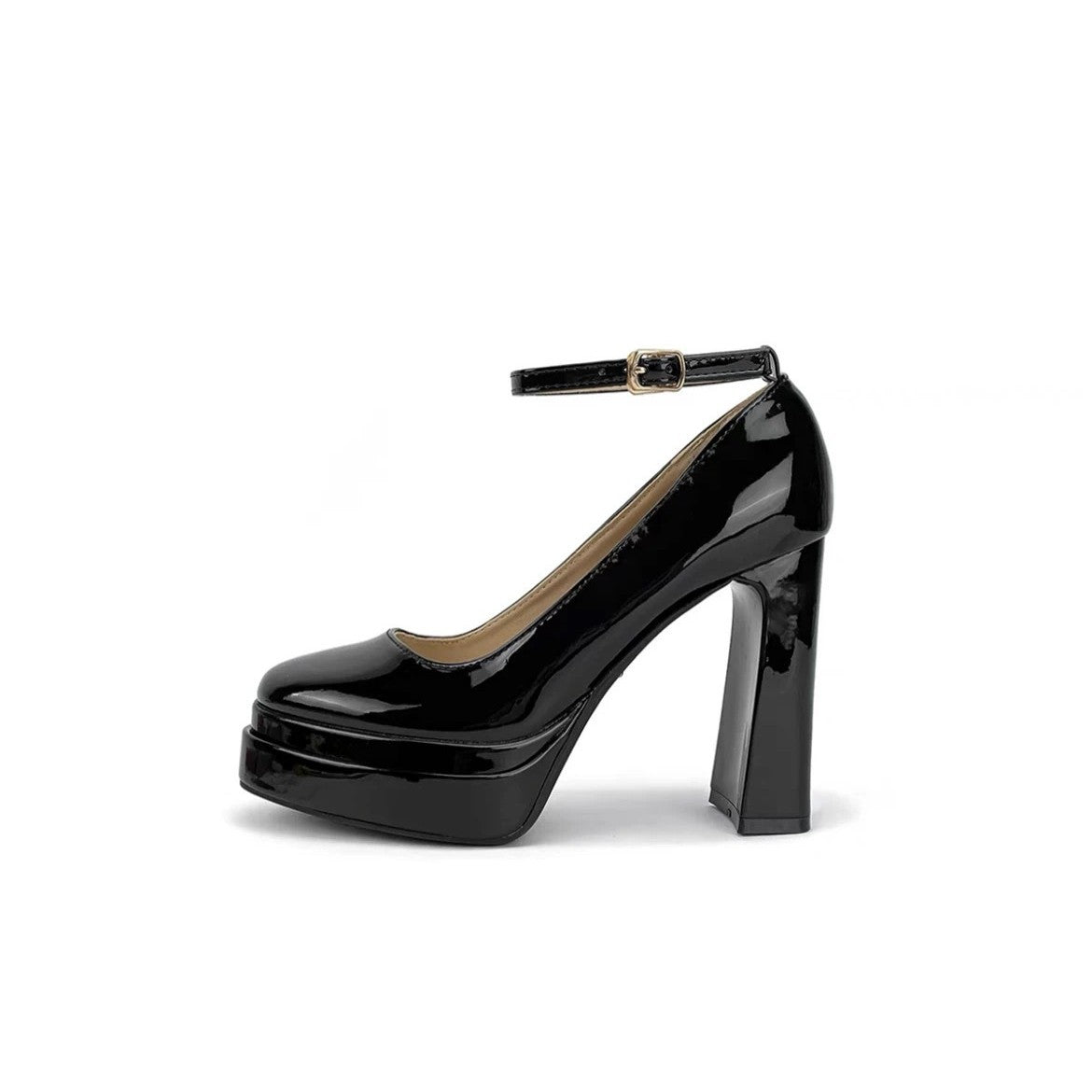 French-Style Mary Jane Thick-Soled Waterproof Platform Shoes for Petite Individuals, Black Single-Strap Ultra-High Heels, 2026 New Model, Patent Leather