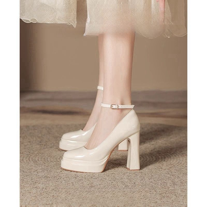 French-Style Mary Jane Thick-Soled Waterproof Platform Shoes for Petite Individuals, Black Single-Strap Ultra-High Heels, 2026 New Model, Patent Leather