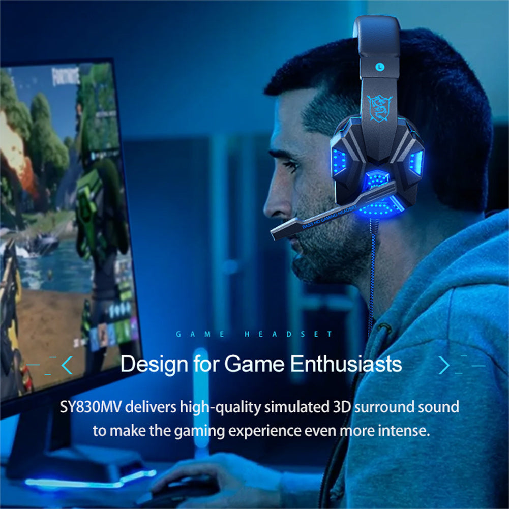 SY830MV Wired Headsets Over-Ear Stereo Earphones Cool Lighting Gaming Headset for Smart Phones Computer Laptop Tablet Dark Blue