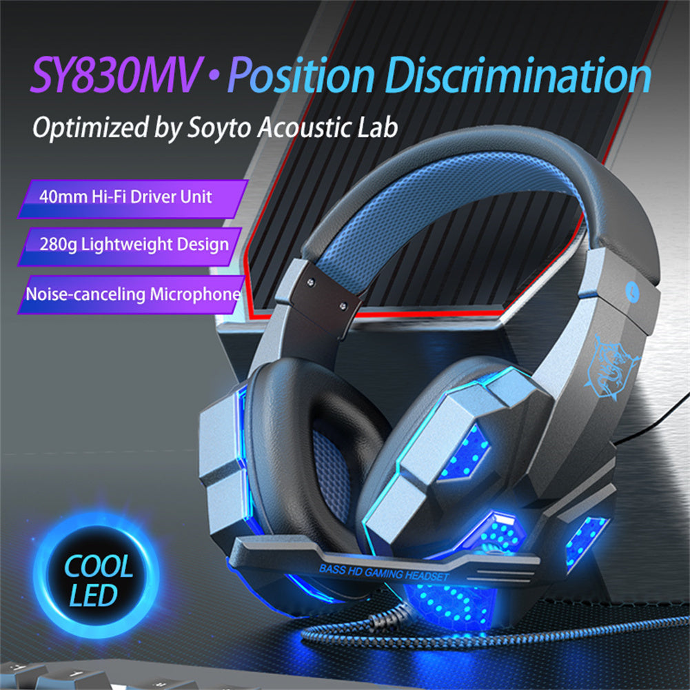 SY830MV Wired Headsets Over-Ear Stereo Earphones Cool Lighting Gaming Headset for Smart Phones Computer Laptop Tablet Dark Blue