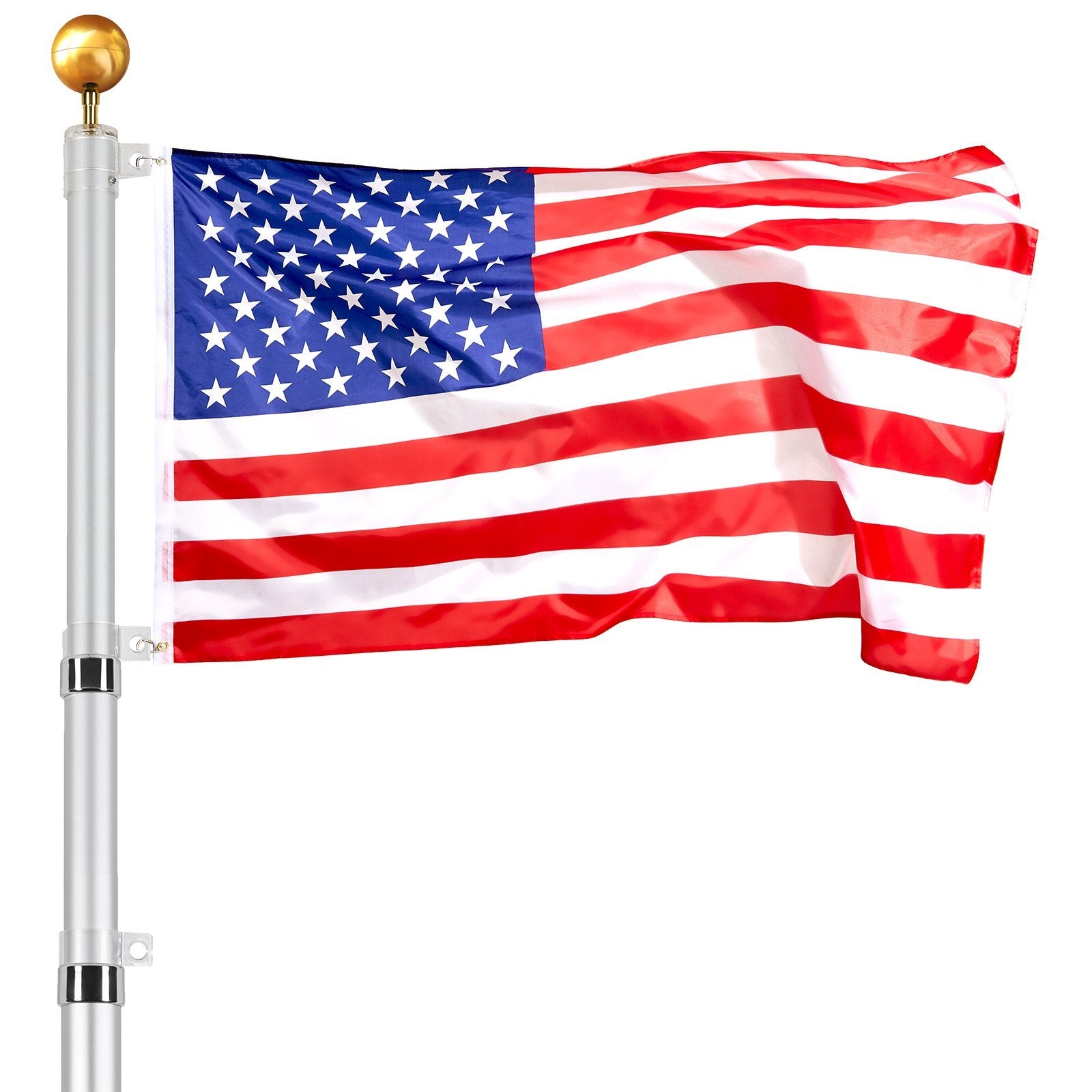 25FT Telescoping Flag pole Kit, Heavy Duty Aluminum Alloy in Ground Flag Poles for Outside, 3 Display Modes Flagpole with 3x5 American Flag, Professional Accessories, Silver