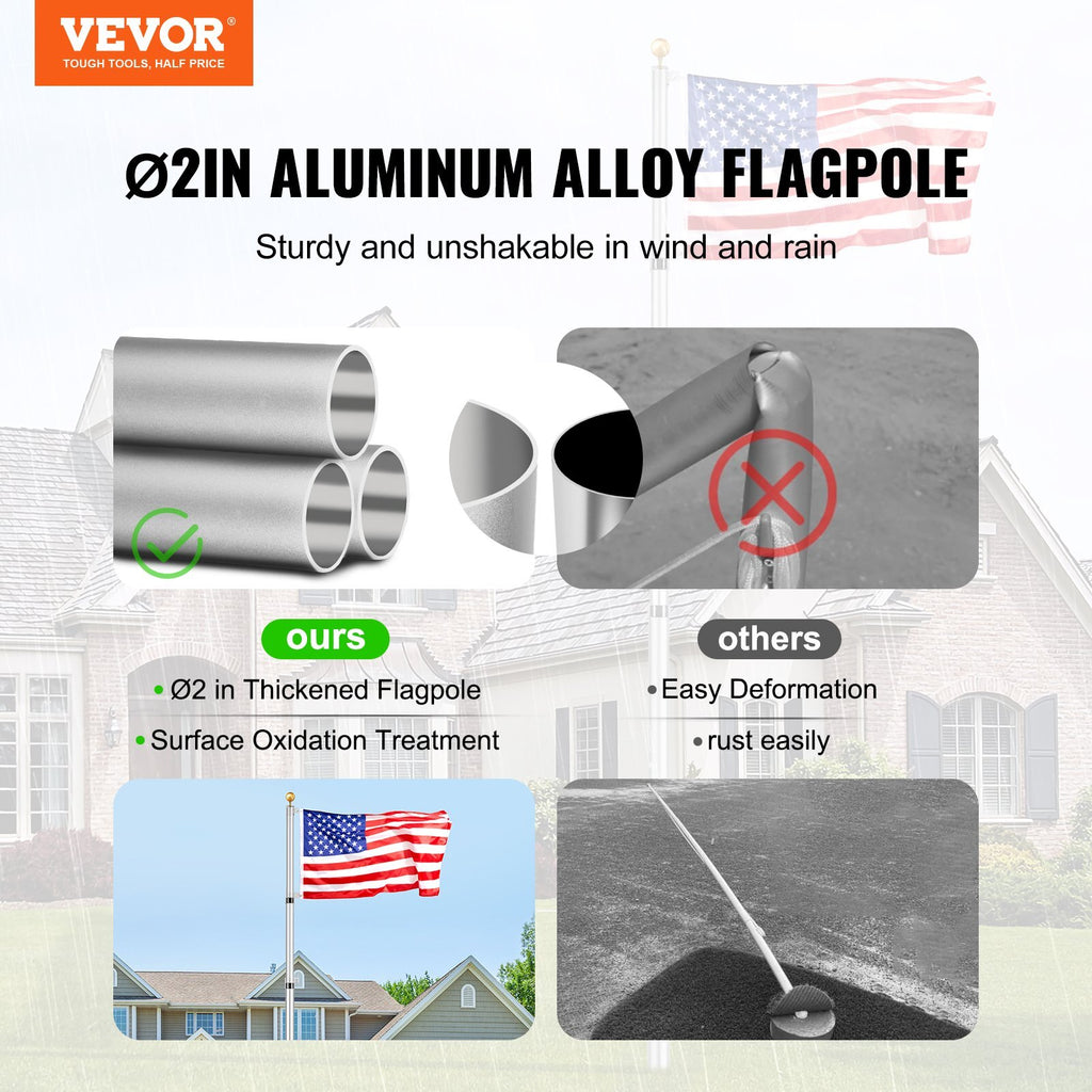 25FT Telescoping Flag pole Kit, Heavy Duty Aluminum Alloy in Ground Flag Poles for Outside, 3 Display Modes Flagpole with 3x5 American Flag, Professional Accessories, Silver
