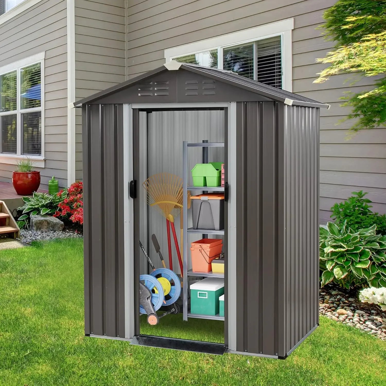 5 x 3 x 6 FT Outdoor Storage Shed, Metal Tool Shed Clearance Garden Steel Shed with Side Window and Lockable Door Waterproof Too