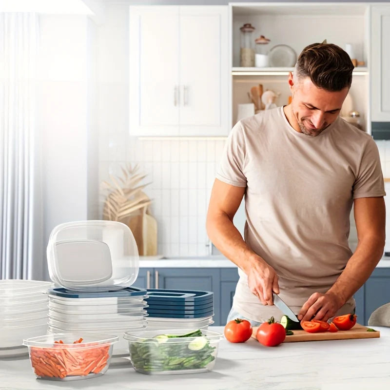 A Set of 6 Transparent Stackable Plastic Food Storage Containers with Blue Lids and Measurement Markings—Reusable, Dishwasher Sa