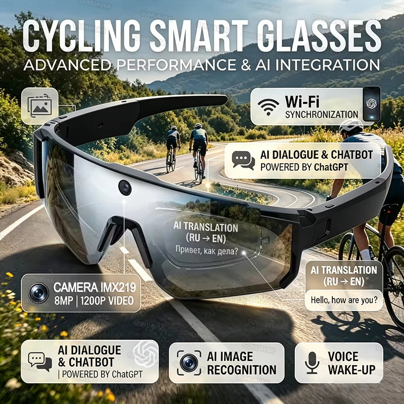 2026 New AI Smart Glasses 1080P Camera Anti-shake Cycling Ridi Sports glasses AI  Translation ChatGPT Dual Mic Windproof Goggles