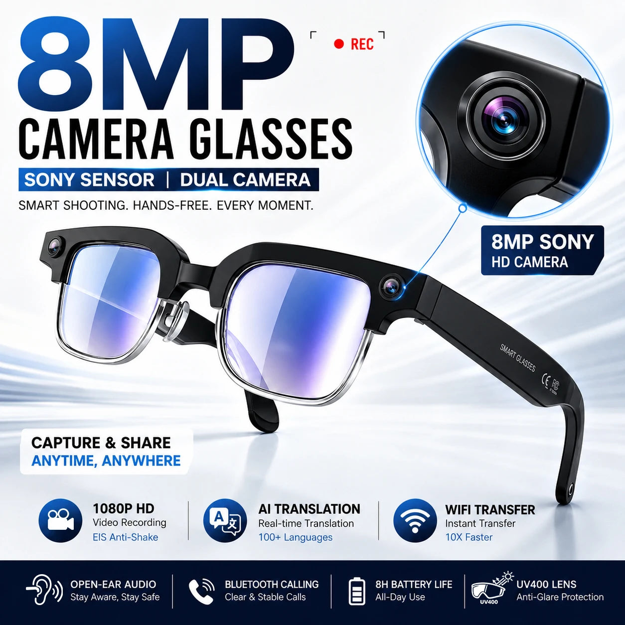 AI Smart Glasses for Men & Women 2026 New 8MP Camera 4K HD Video Recording AI Translation WiFi Bluetooth Call Music Photochromic