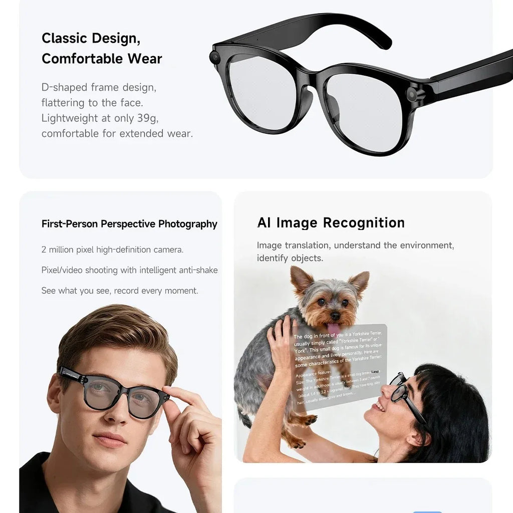 2026 AI Smart Glasses for Men Women with AI Translation Bluetooth Calling Music Player Camera Control Anti-blue Light Sunglasses