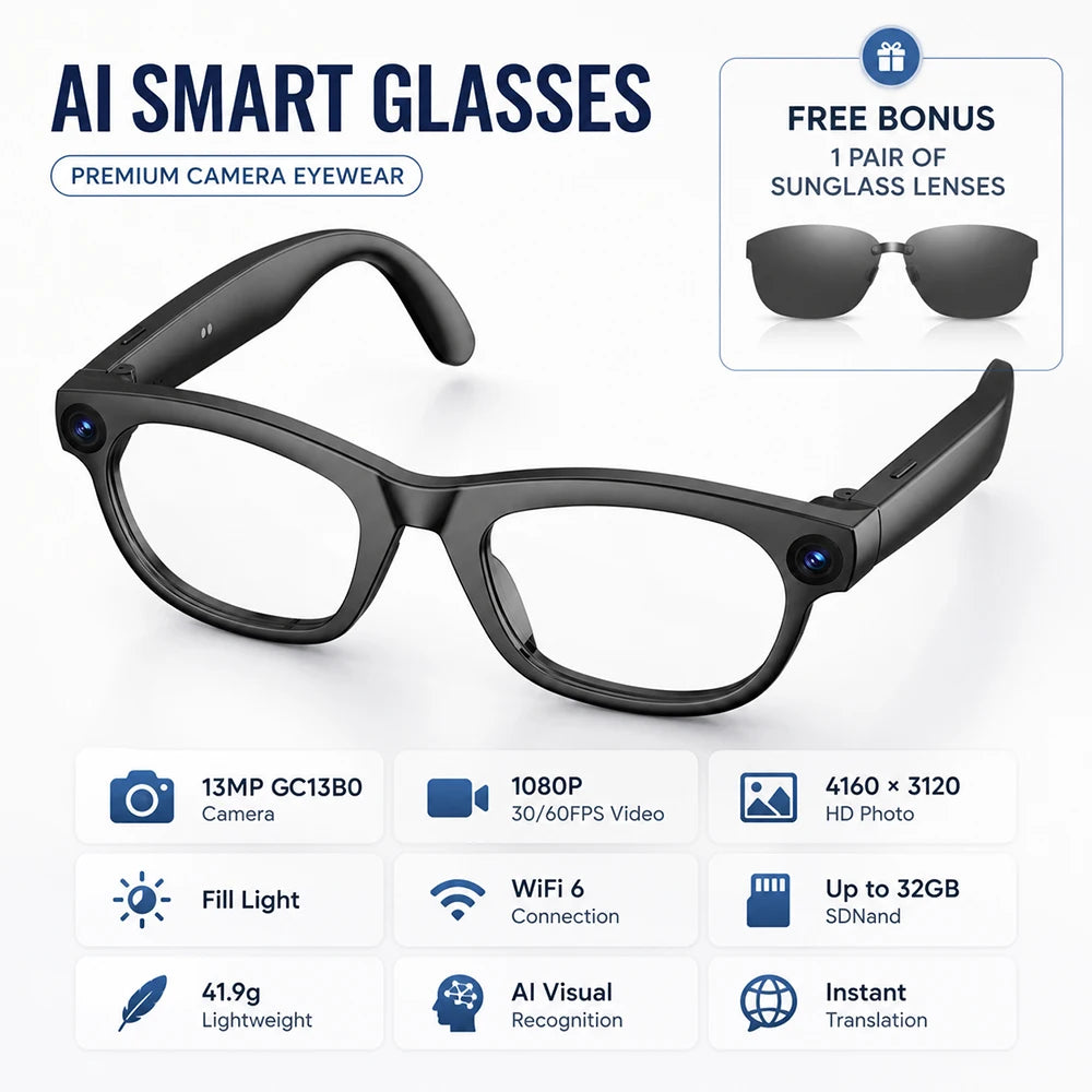 2026 New AI Smart Glasses 13MP Camera 1080P Video WiFi 6 Visual Recognition Translation Eyewear 32GB Storage Support