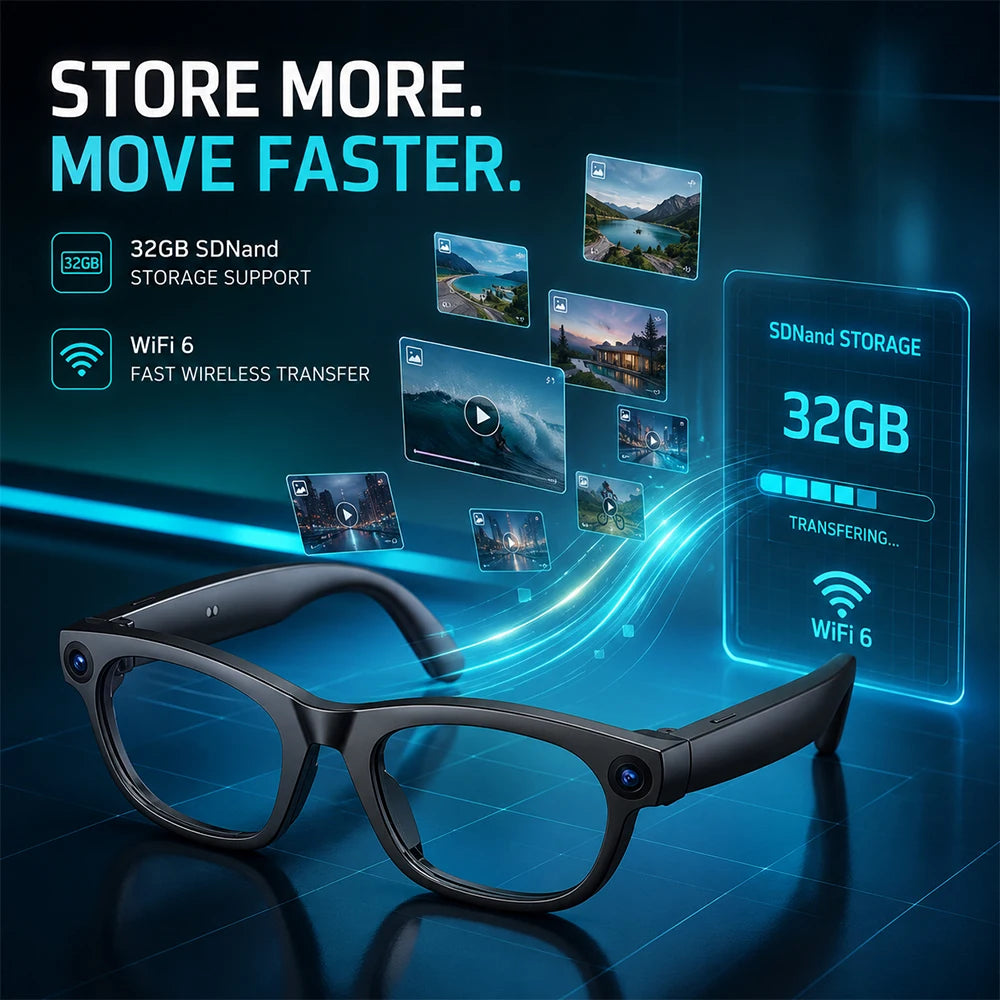 2026 New AI Smart Glasses 13MP Camera 1080P Video WiFi 6 Visual Recognition Translation Eyewear 32GB Storage Support