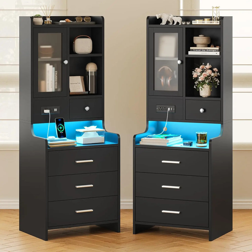 Grey Nightstand Set of 2 with Charging Station,49.2" LED Night Stand for Bedroom,Tall Bedside Table with Bookshelf, Customized