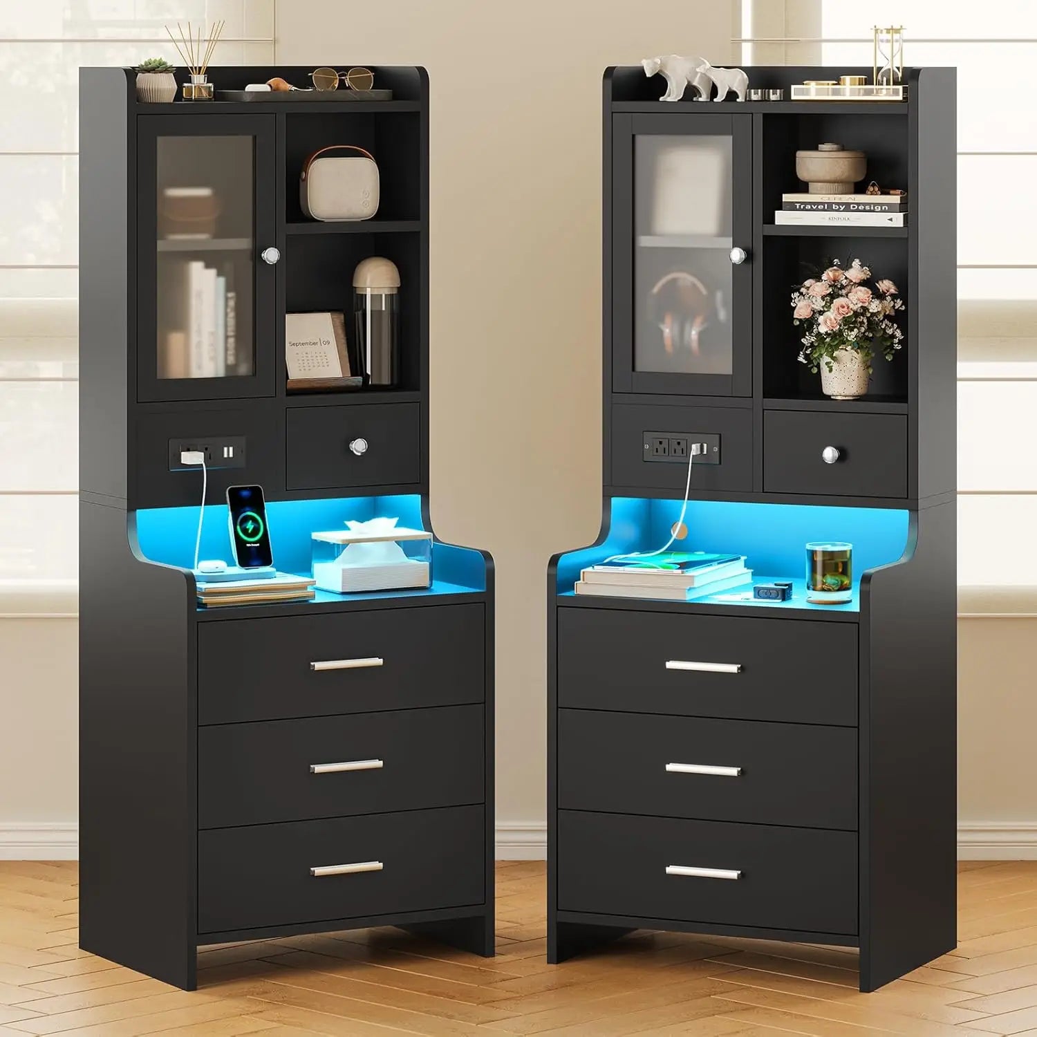 Grey Nightstand Set of 2 with Charging Station,49.2" LED Night Stand for Bedroom,Tall Bedside Table with Bookshelf, Customized