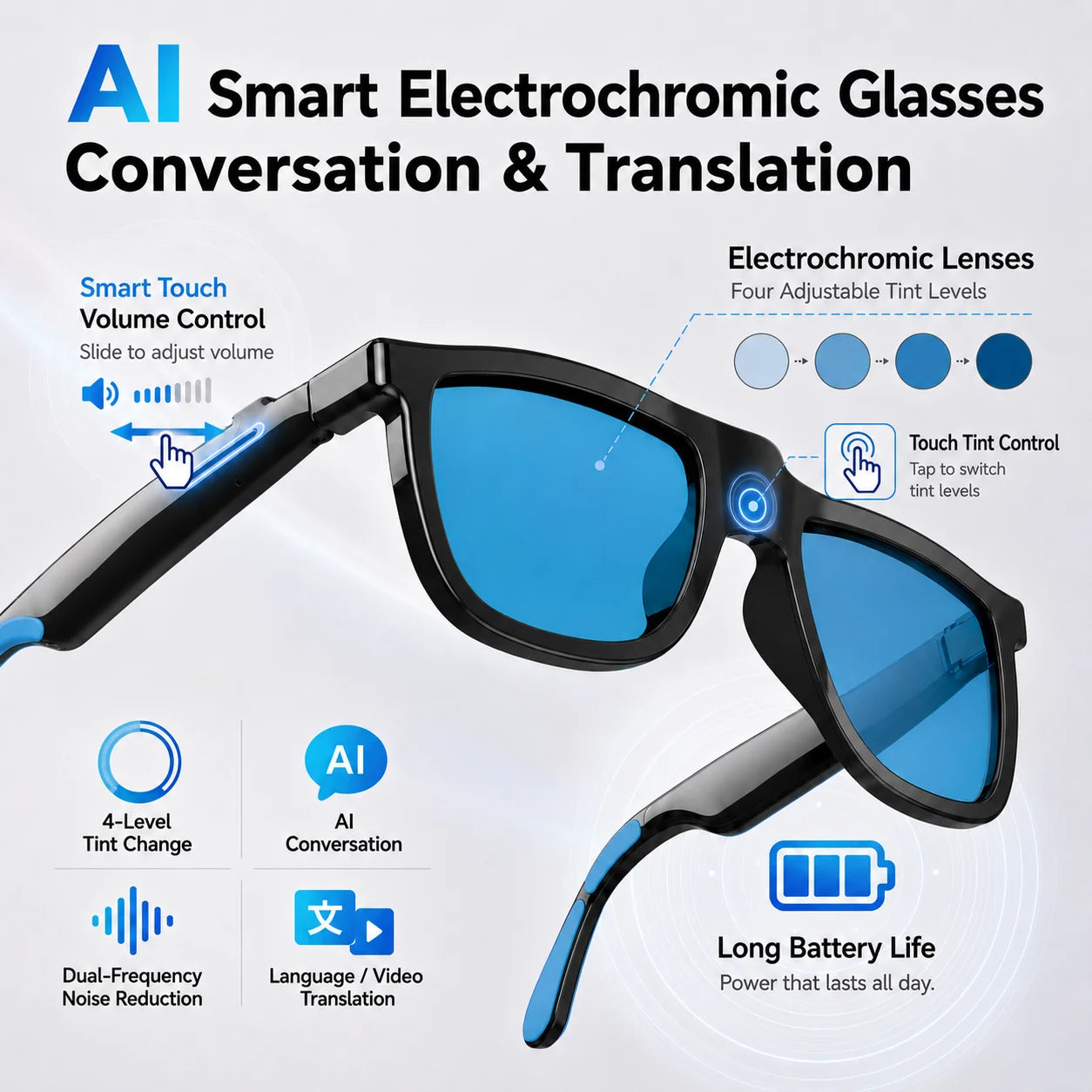 2026 AI Smart Glasses Touch Color-change  Electrochromic Lens AI Translation ChatGPT BT Call Dual-mic Music Audio Sunglasses Men
