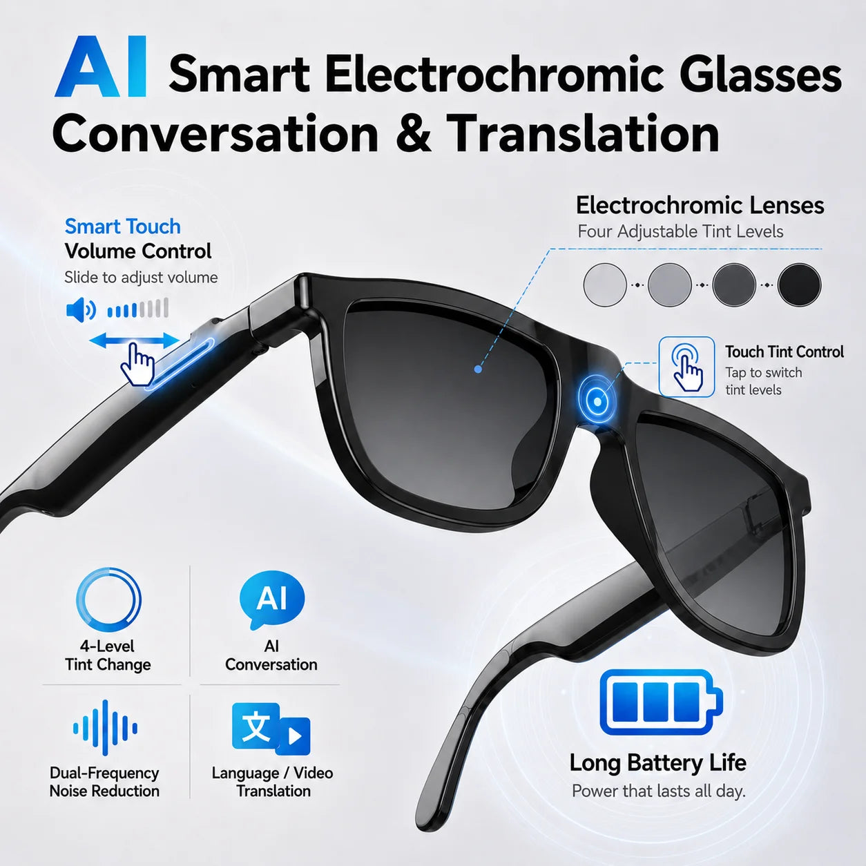 2026 AI Smart Glasses Touch Color-change  Electrochromic Lens AI Translation ChatGPT BT Call Dual-mic Music Audio Sunglasses Men