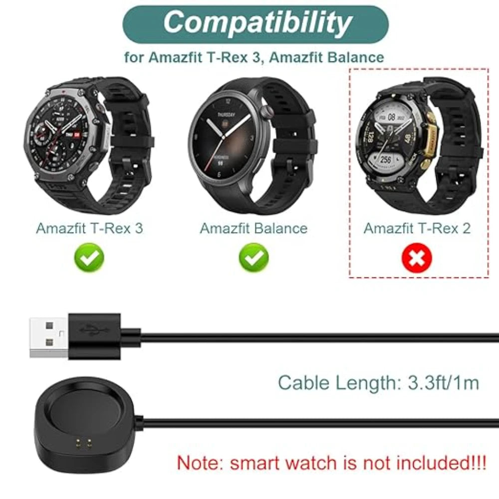 Replacement chargers suitable for Amazfit T-Rex 3/Balance 2/1 USB smartwatch charger charging cable