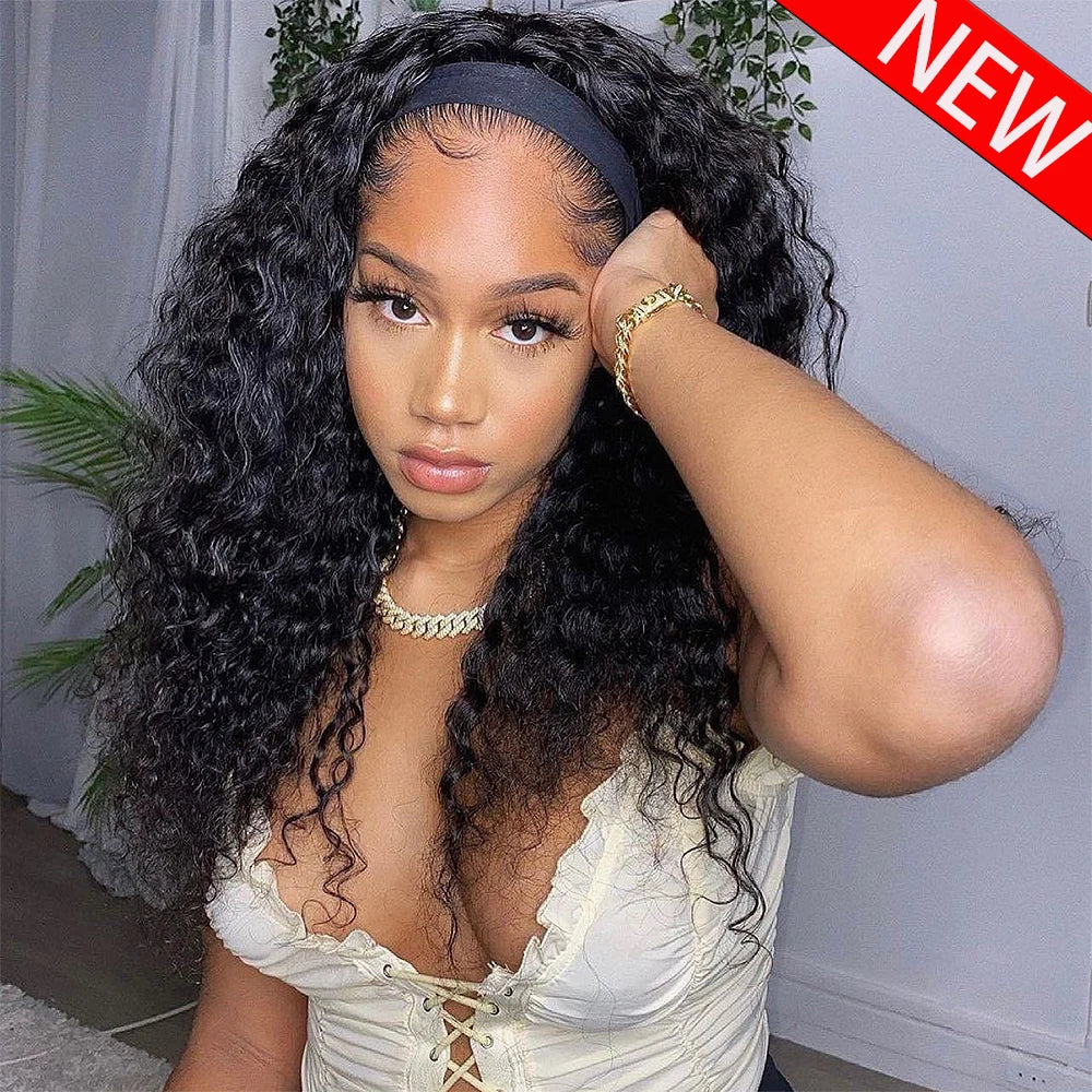 Headband Wig Human Hair Curly No Glueless Full Machine Made Wigs 400 Density 100% Human Hair Wigs For Women 10-18 Inch For Women