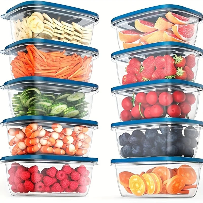 A Set of 6 Transparent Stackable Plastic Food Storage Containers with Blue Lids and Measurement Markings—Reusable, Dishwasher Sa