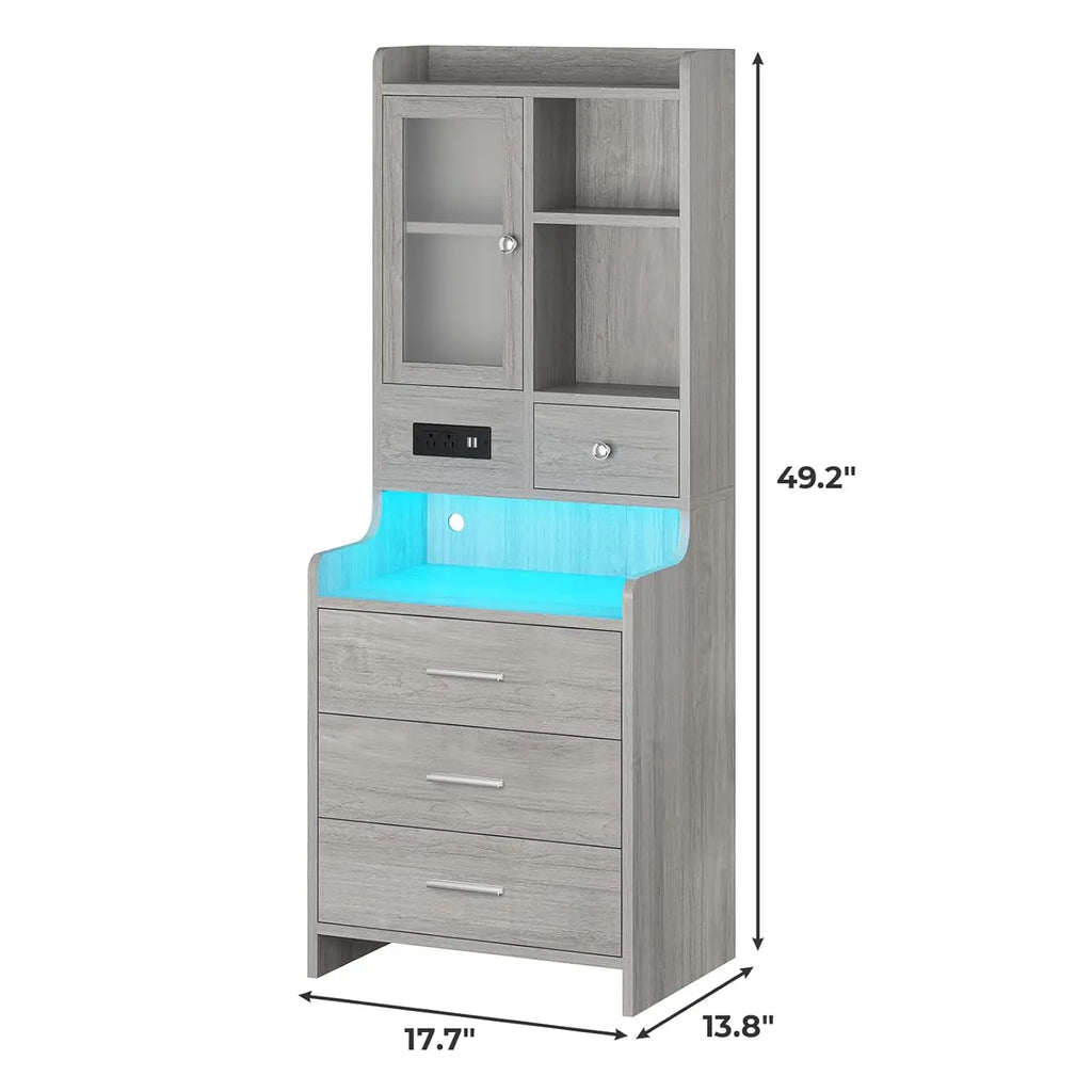 Grey Nightstand Set of 2 with Charging Station,49.2" LED Night Stand for Bedroom,Tall Bedside Table with Bookshelf, Customized