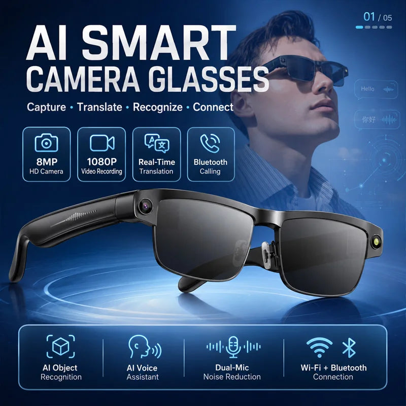 AI Smart Glasses Built-in HD Camera Dual Mic Noise Reduction WiFi Bluetooth Real-Time Transmission Object Recognition Glasses