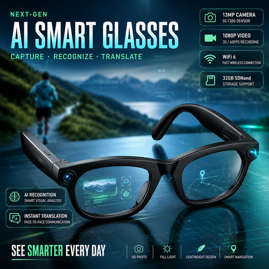 2026 New AI Smart Glasses 13MP Camera 1080P Video WiFi 6 Visual Recognition Translation Eyewear 32GB Storage Support