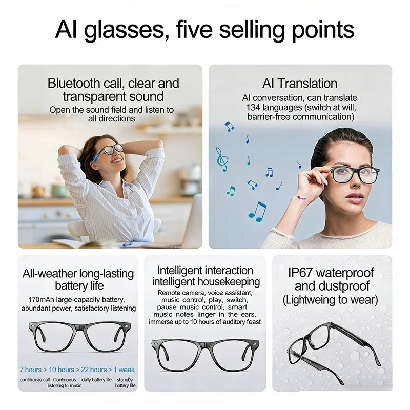 AI Smart Glasses for Men Smart Translation Glasses with Waterproof Call Function BT Smart Sunglas Outdoor Sports Headphones
