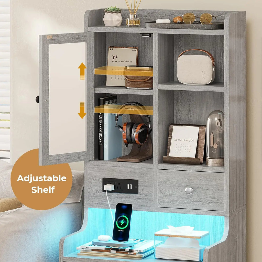 Grey Nightstand Set of 2 with Charging Station,49.2" LED Night Stand for Bedroom,Tall Bedside Table with Bookshelf, Customized