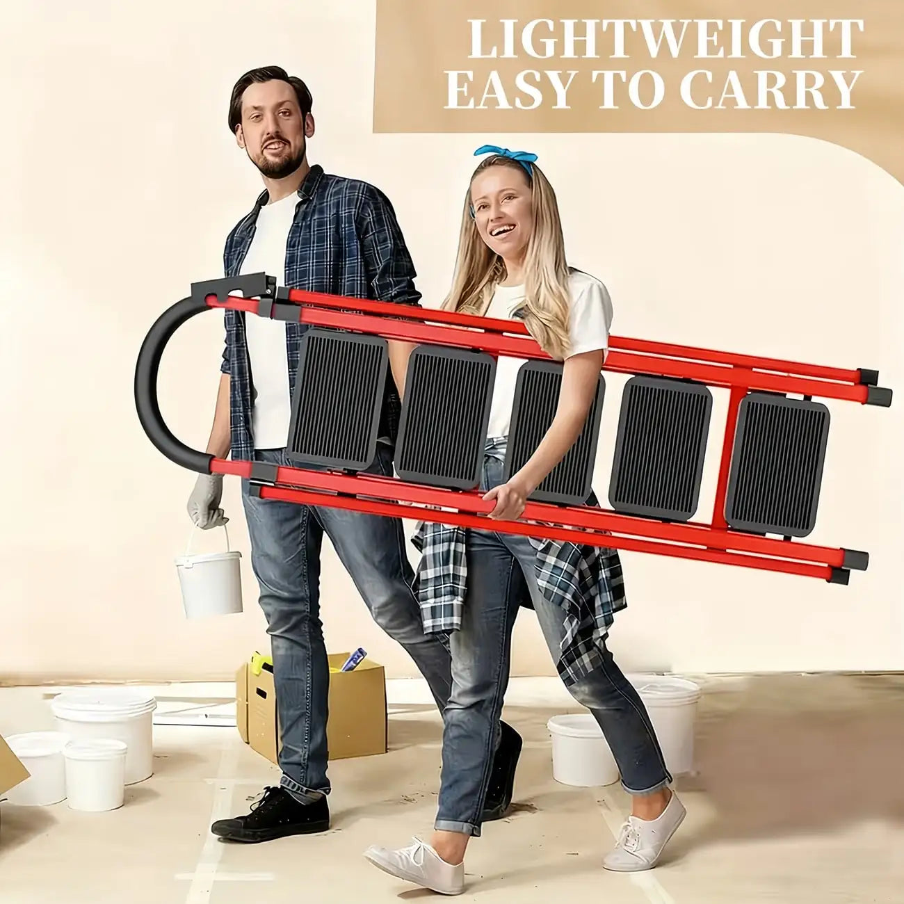 500lbs Load-Bearing Folding Step Ladder, Heavy-Duty Steel Portable Ladder With Anti-Slip Wide Treads, Convenient Handrails & Saf