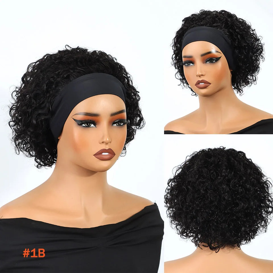 Headband Wig Human Hair Curly Wigs Brown Wear And Go Headband Wigs Glueless Wig With Elastic Band Pixie Cut Curly Human Wigs