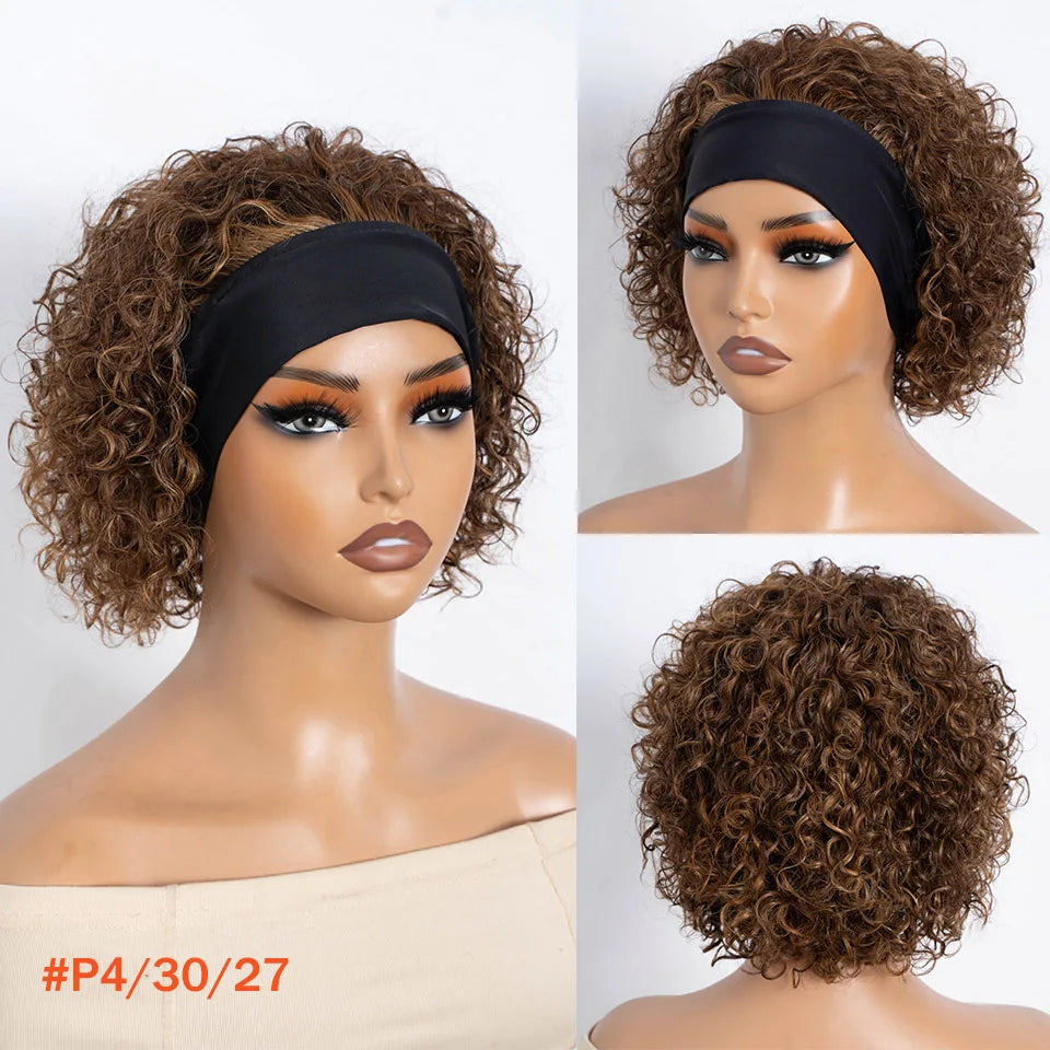 Headband Wig Human Hair Curly Wigs Brown Wear And Go Headband Wigs Glueless Wig With Elastic Band Pixie Cut Curly Human Wigs