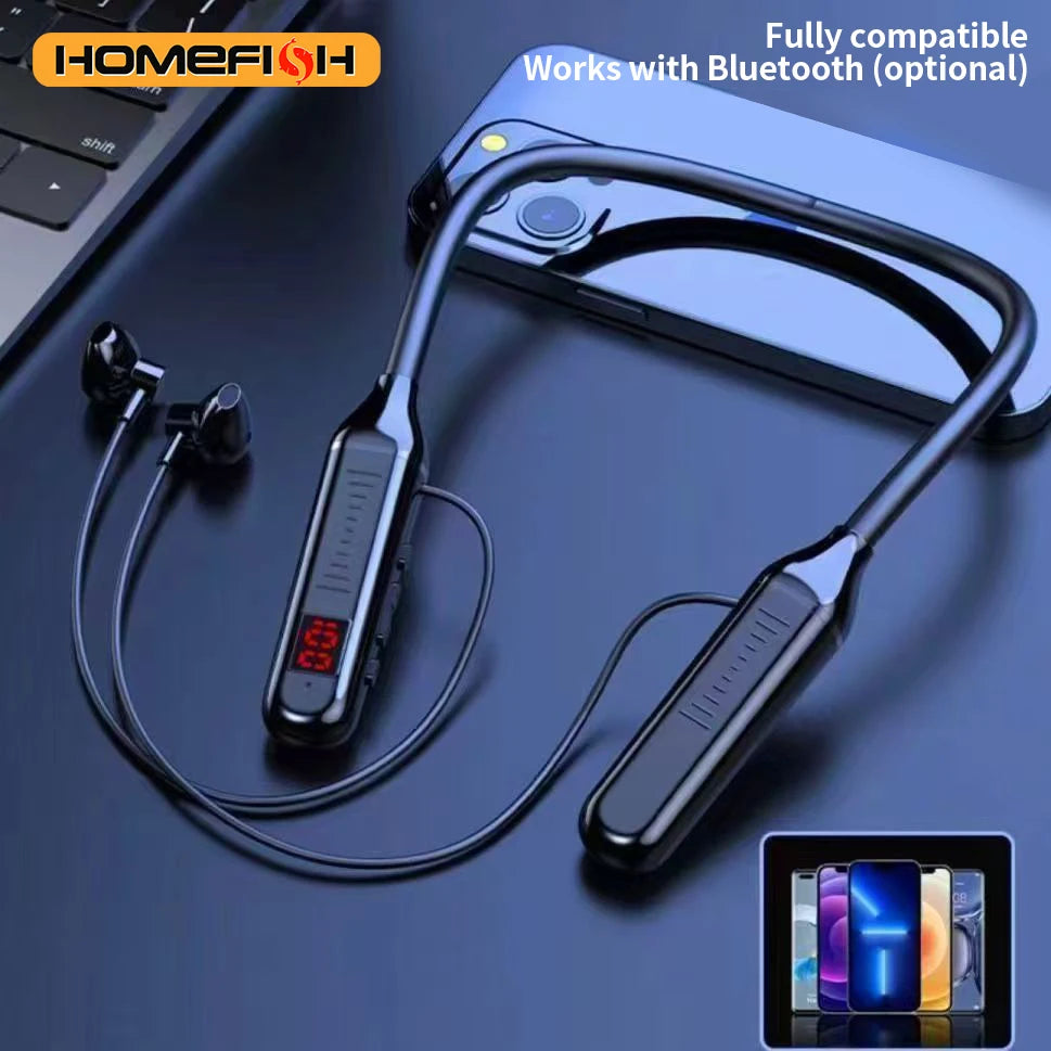Wireless Bluetooth neckband headphones with digital display function, large-capacity semi-in-ear sports stereo headphones