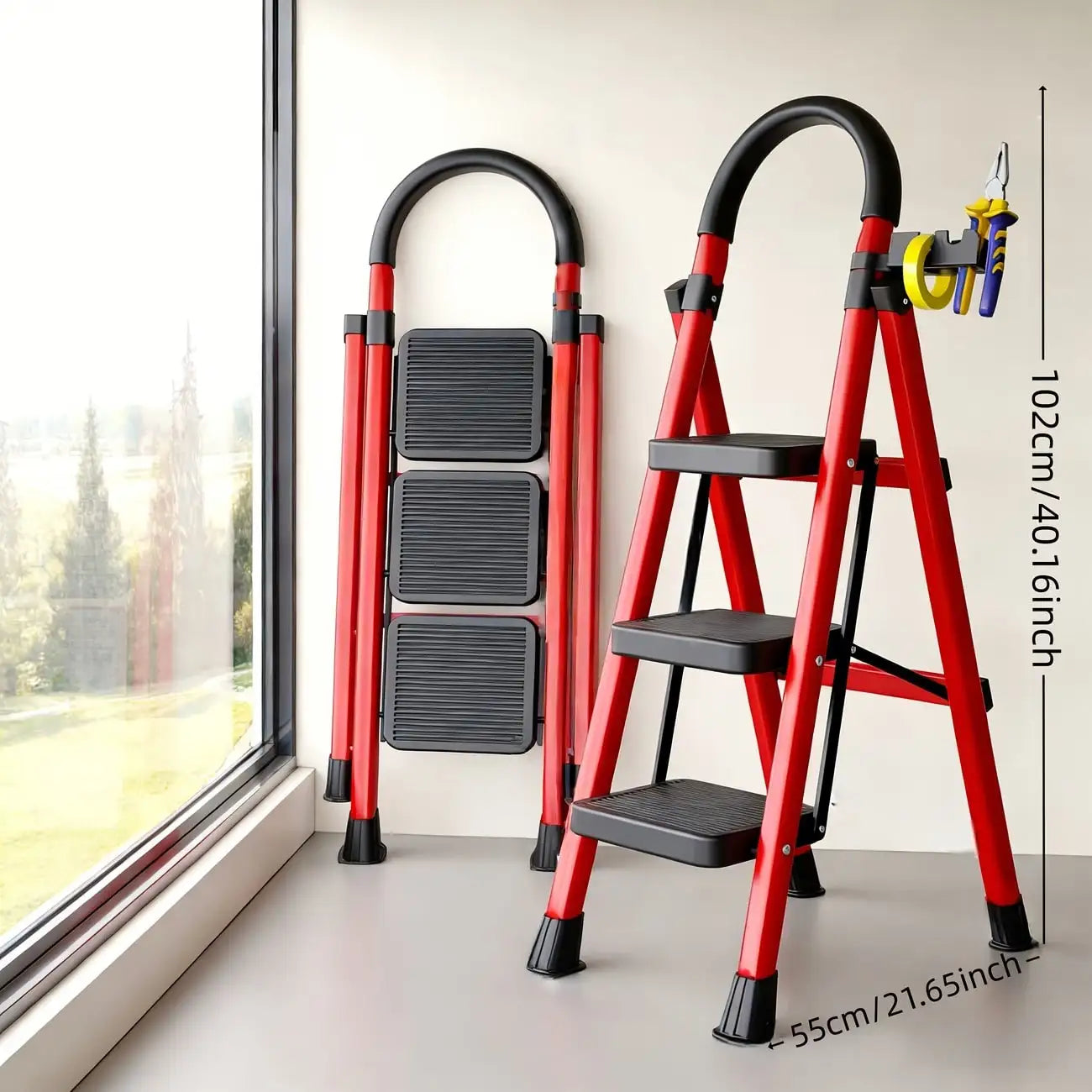 500lbs Load-Bearing Folding Step Ladder, Heavy-Duty Steel Portable Ladder With Anti-Slip Wide Treads, Convenient Handrails & Saf