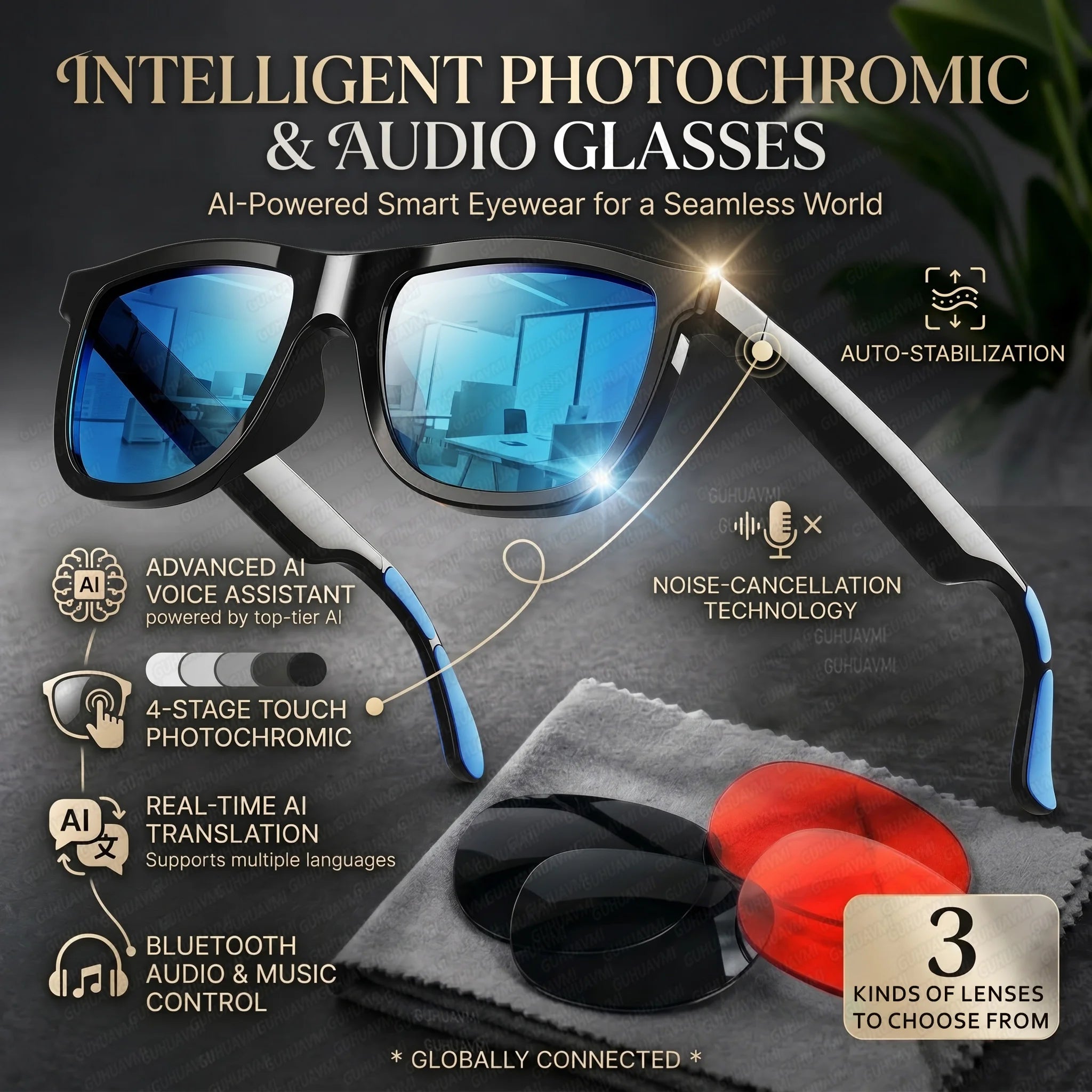 2026 AI Smart Glasses Touch Color-change Electrochromic Lens AI Translation ChatGPT BT Call Dual-mic Music Audio Sunglasses Men