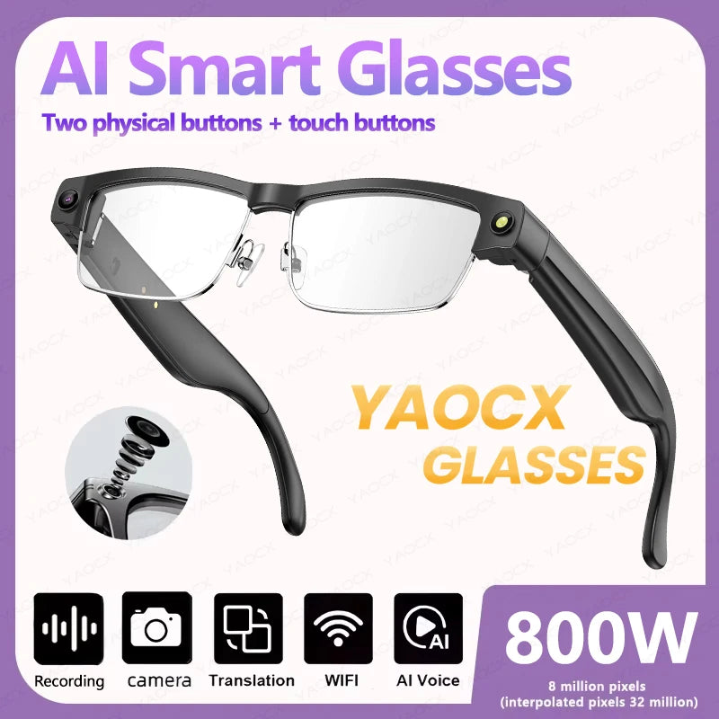 AI Smart Glasses Built-in HD Camera Dual Mic Noise Reduction WiFi Bluetooth Real-Time Transmission Object Recognition Glasses